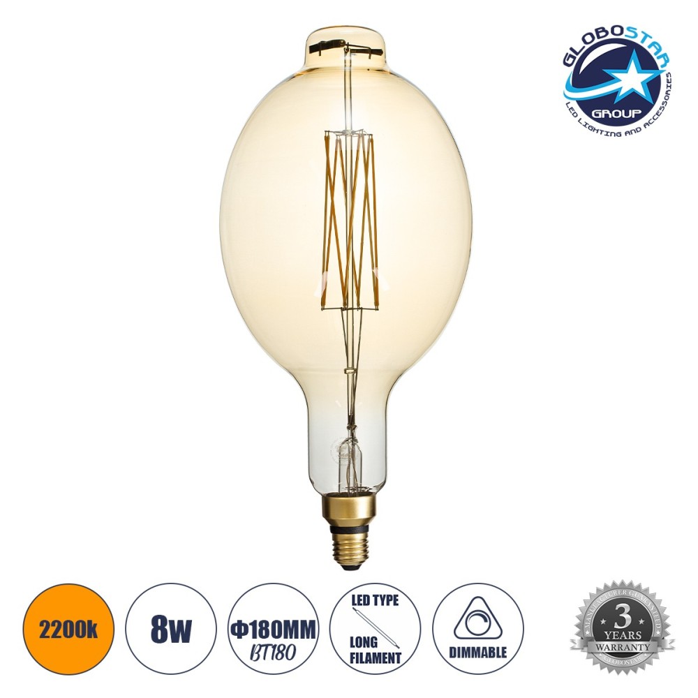 GLOBOSTAR® MANGOS 99166 Λάμπα E27 BT180 LED 8W 720lm 360° AC 220-240V IP20 Ultra Θερμό Λευκό 2200K Dimmable - Long Filament Chip - Μελί - Μ18 x Π18 x Υ39cm - 3 Χρόνια Εγγύηση